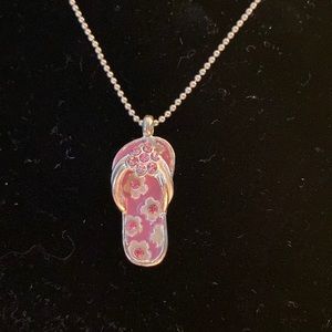 Silver chain necklace with pink flip flop charm; approx 16 inches long